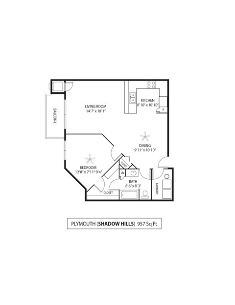 Floor plan for 1 bed, 1 bath, 957 sqft